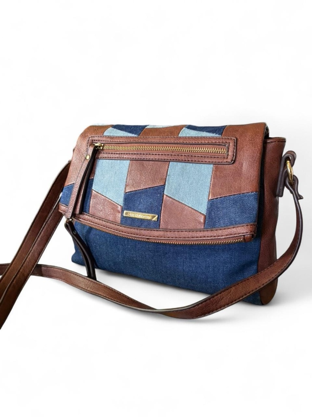 Stylish Patchwork Crossbody Bag in Brown and Blue